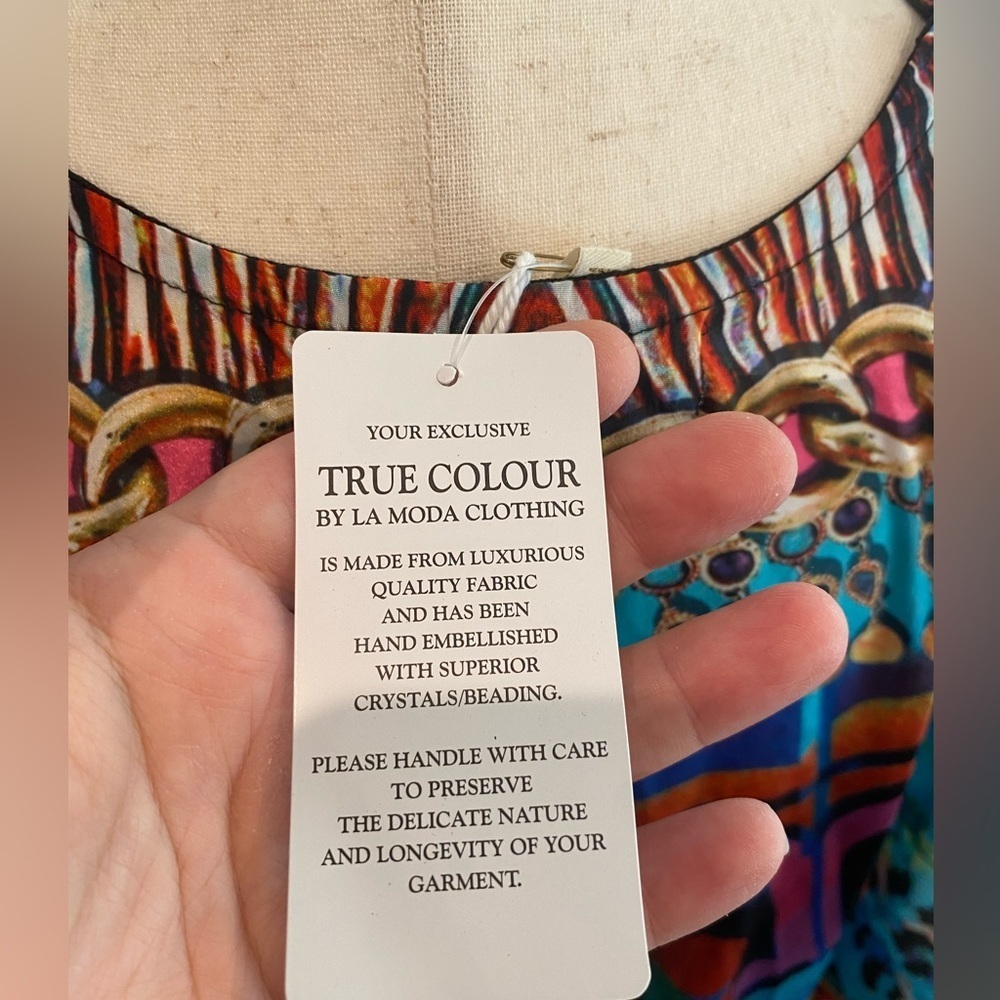 NWT True Colours by La Moda Fringe Peacock Caftan Top- One Size - Picture 8 of 10